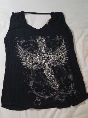 Black Women's Embellished Cross & Wings Tank Top